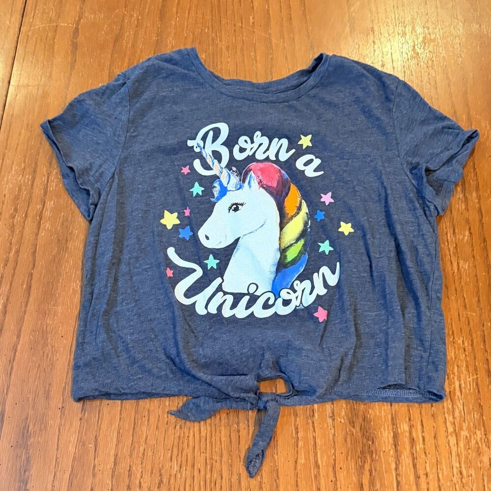 Mad Engine Born a Unicorn Graphic Crop Top XL Tie Front Rainbow Gray Tee